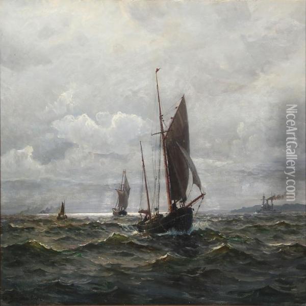Seascape With Sailing Ships On The Sea Oil Painting - Christian Benjamin Olsen