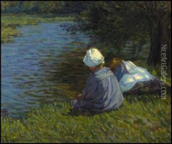Children By Stream Oil Painting - Helen Galloway Mcnicoll