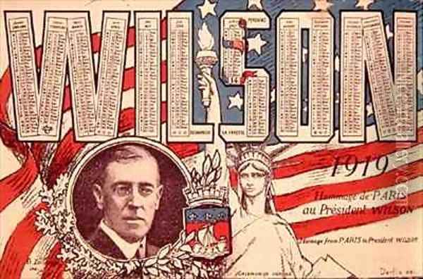 Calendar paying homage from Paris to President Woodrow Wilson 1856-1924 Oil Painting - Derfla