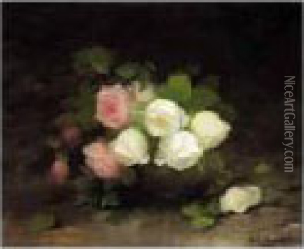 Still Life With White And Pink Roses Oil Painting - Louise Ellen Perman