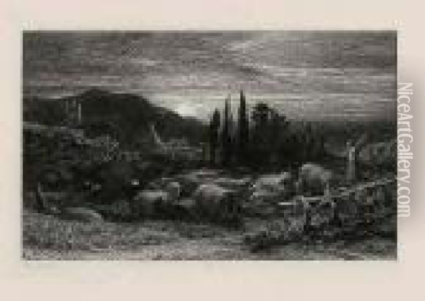 The Rising Moon (#) The Weary Ploughman (#) The Morning Of Life Oil Painting - Samuel Palmer