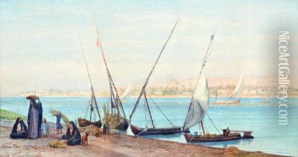 Figuren Met Marktwaar Aan De Oever Van De Nijl Bij Cairo Oil Painting - Tristram Ellis