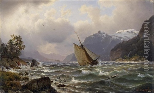 Bewegte See Im Fjord Oil Painting - Johannes Bartholomaeus Duntze