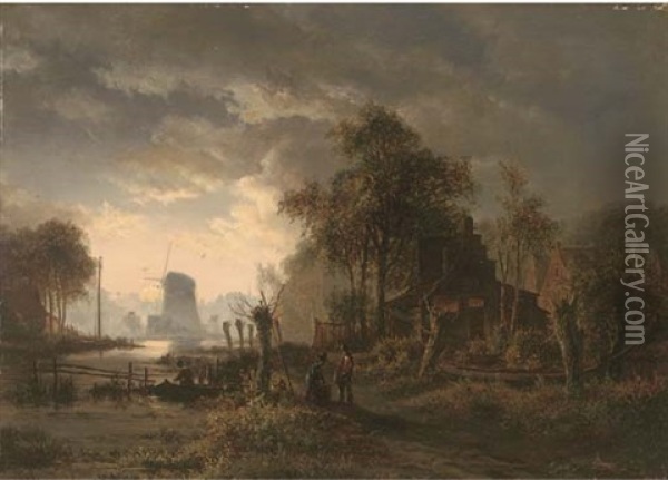 Dutch Canal Landscape By Moonlight Oil Painting - Samuel Bough