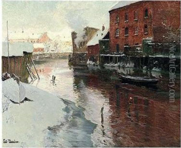 Fabrikker Ved Elven, Kristiania (factories By The River, Kristiania) Oil Painting - Fritz Thaulow