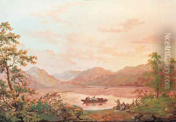 View on Lake Windermere with a ferry transporting figures and cattle, Cumbria Oil Painting - John Laporte
