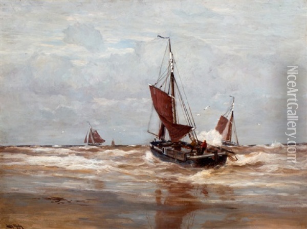 Scheveningse Vissersboot In De Branding Oil Painting - Erwin Carl Wilhelm Guenther