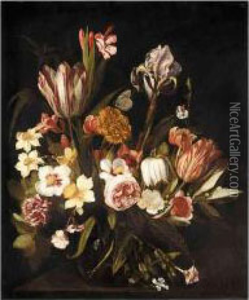 A Still Life Of Tulips, Roses, 
Irises, Carnations And Various Other Flowers Together In A Glass Vase On
 A Ledge Oil Painting - Jan Philip van Thielen