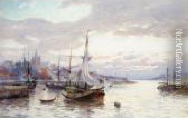River Barges At Sunset Oil Painting - William Harrison Scarborough