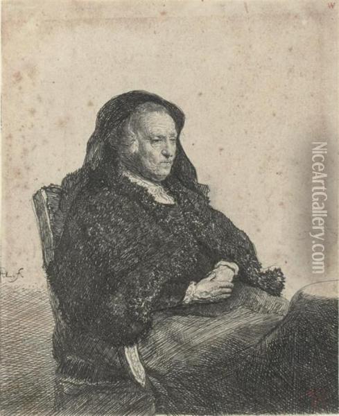 The Artist's Mother Seated At A Table Oil Painting - Rembrandt Van Rijn