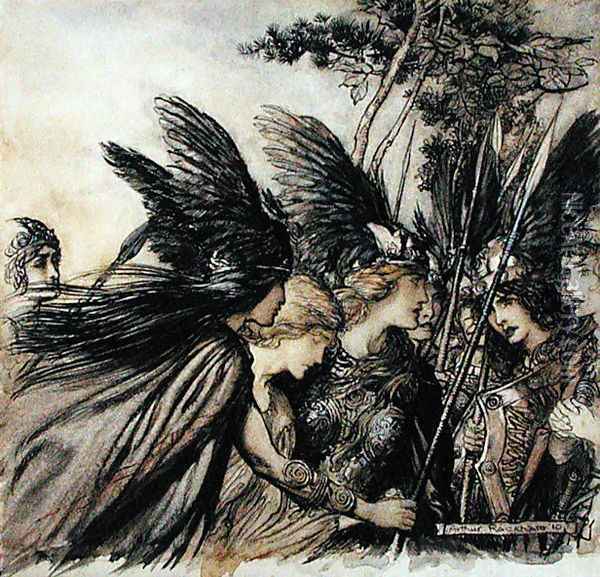 Brunnhilde Implores the Valkyries, illustration from The Rhinegold and the Valkyrie, by Richard Wagner, edition published 1910 Oil Painting - Arthur Rackham