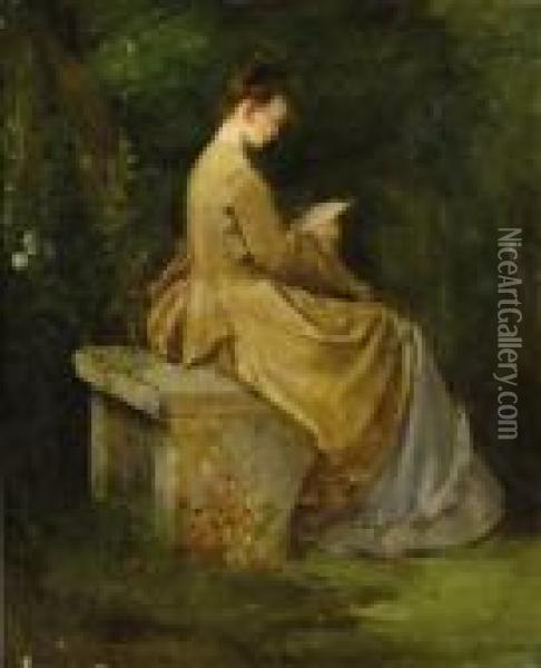 Lady Reading On A Bench Oil Painting - Mariano Fortuny Y Madrazo