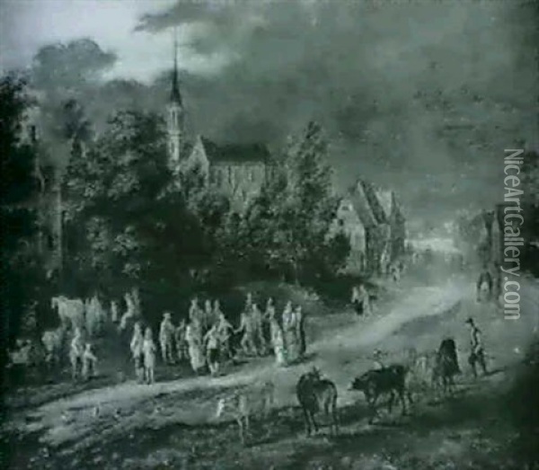Dorfstrasse Mit Viehtreibenden Bauern                       Und Einer Frohlichen Gesellschaft Oil Painting - Jan Brueghel the Elder