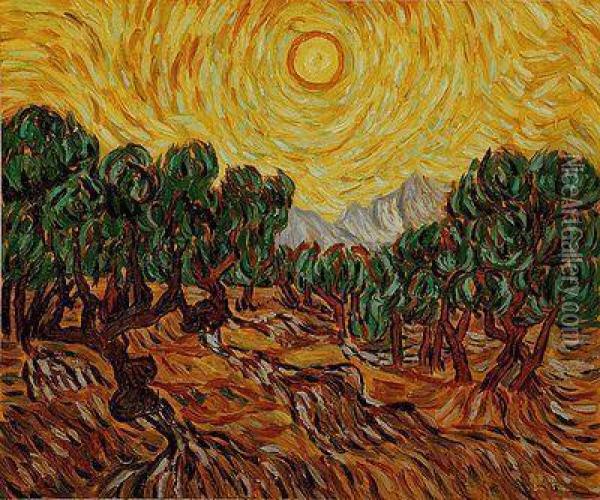 Olive Trees With Yellow Sun And Sky Oil Painting - Vincent Van Gogh