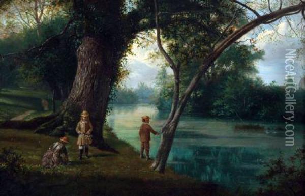 Children Fishing And Picking Flowers On A River Bank Oil Painting - Henry George Todd