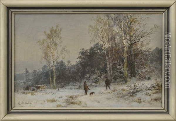 Winterlandschaft Mit Zwei Jagern Am Waldrand Oil Painting - Bernhard Muehlig