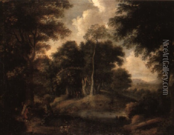 A Wooded Landscape With Sportsmen Shooting Duck Oil Painting - Gillis Van Coninxloo III