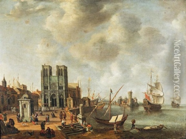 Vue Fantaisiste Avec Notre-dame Et La Tour De Nesle Dans Un Port Oil Painting - Jan Abrahamsz. Beerstraten