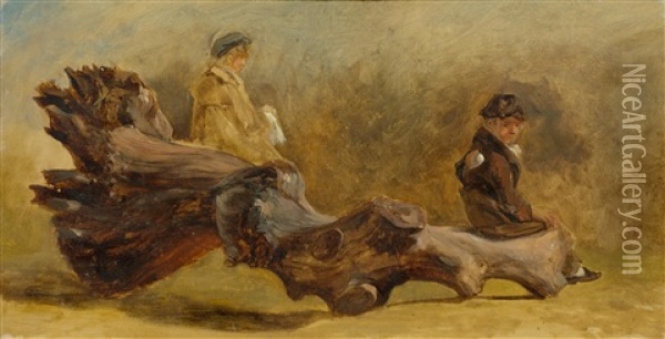 Study Of A Tree Trunk With Two Children Oil Painting - Johann Jakob Ulrich