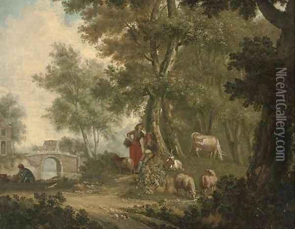 A wooded river landscape with a shepherd and shepherdess resting under a tree with their flock Oil Painting - Dutch School