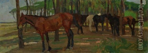 Cavalli Al Pascolo Nella Pineta Oil Painting - Ruggero Panerai