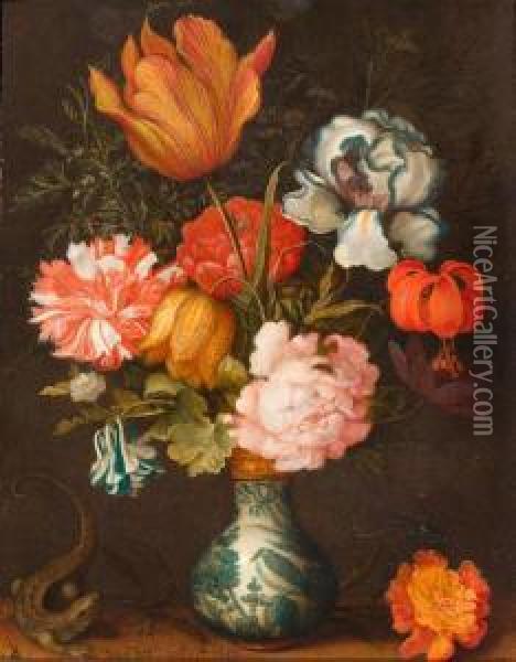 Still Life With Bouquet Of Flowers In A Wan-li Vase And A Lizard Oil Painting - Balthasar Van Der Ast