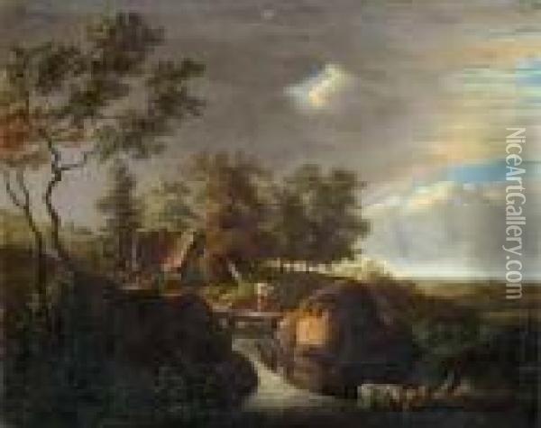 Landschaft Mit Wasserfall Und Kuhen Vor Aufziehendem Gewitter. Oil Painting - Pieter Molijn