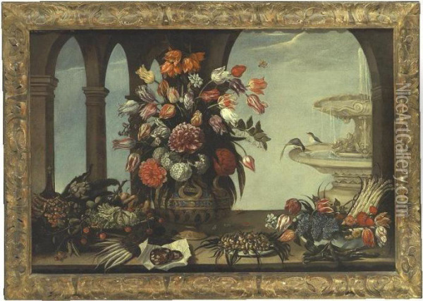 Still Life Of Flowers In A Vase,
 Artichokes, Lettuce, Pears, Fraises-de-bois And Cherries In A Bowl, 
Some Sliced Salami, Mushrooms On A Plate, Together With Flowers And 
Asparagus In A Bowl, A Fountain And Arcade Beyond Oil Painting - Giacomo Recco