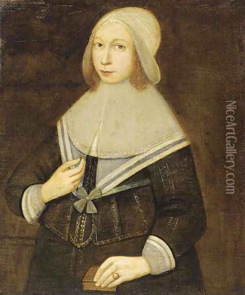 Portrait of a lady, half-length, a ring in her right hand and a book in her left hand Oil Painting - Dutch School