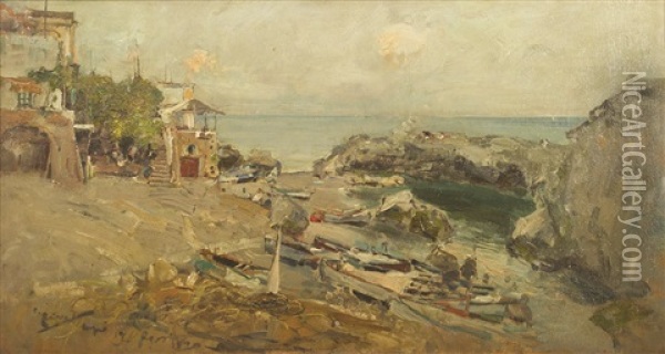 Marina Con Barche, Capri Oil Painting - Giuseppe Casciaro