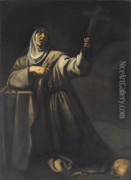 Santa Caterina Da Siena In Preghiera Davanti Al Crocefisso Oil Painting - Giovanni Battista Caracciolo