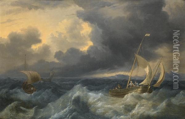 Fishing Boats In Choppy Seas Oil Painting - Hendrik Rietschoof