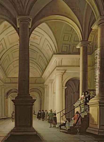 Palatial interior at night with an elegant couple making their entrance Oil Painting - Anthonie De Lorme