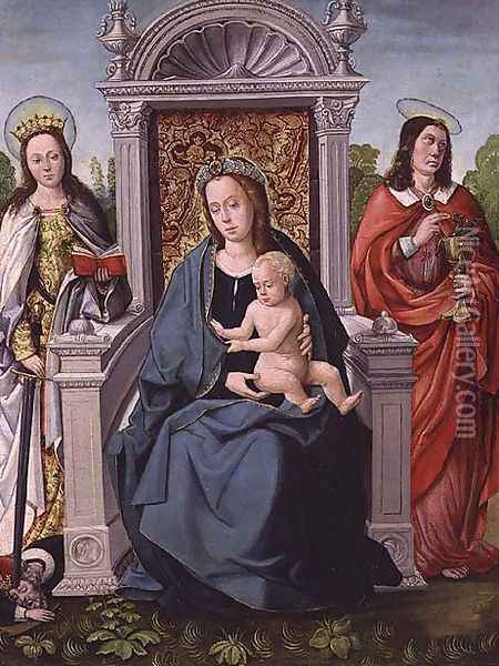 Madonna and Child with St. Catherine and St. John the Evangelist, c.1530-40 Oil Painting - Francisco de Comontes