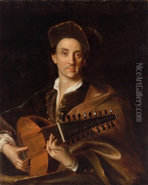 Bildnis Des Malers David Hoyer (1667-1720) Als Musiker Im Atelier Oil Painting - Johann (Jan) Kupetzki