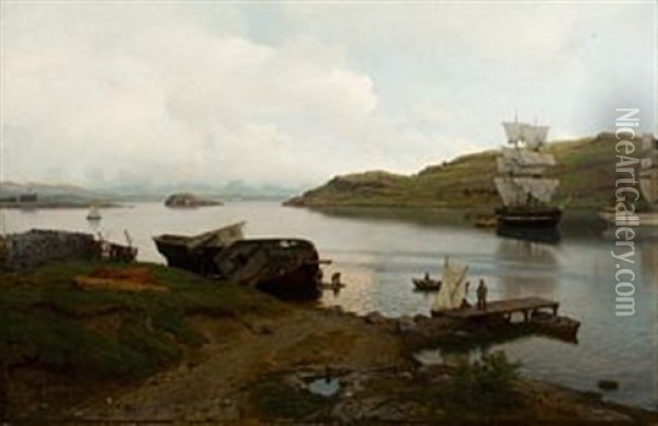 Kystmiljo I Norsk Fjord Oil Painting - Hans Frederick Gude