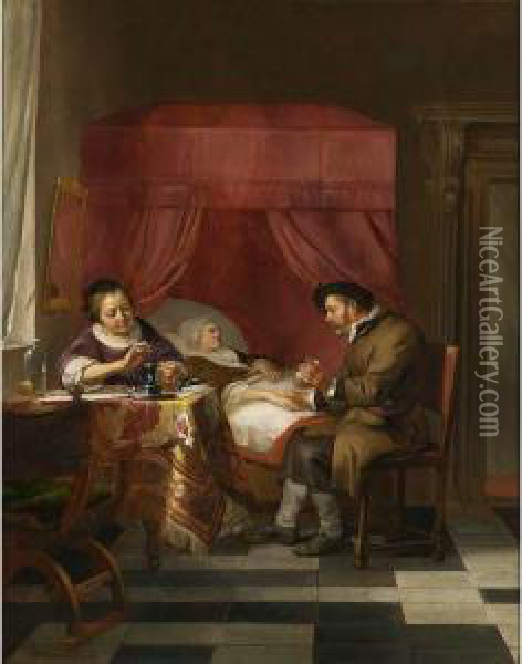 A Doctor's Visit With A Lady Pouring Medicine At The Table Oil Painting - Hendrick Heerschop or Herschop