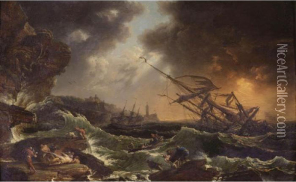Ships Tossed On A Stormy Sea Oil Painting - Claude-joseph Vernet