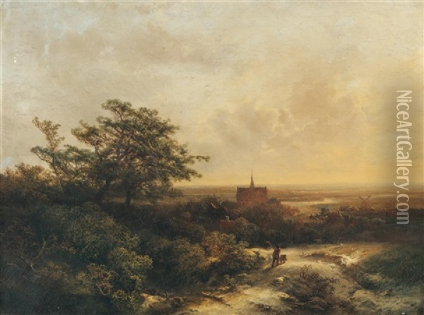 Hollandische Panoramalandschaft Mit Einer Stadt Oil Painting - Pieter Lodewijk Francisco Kluyver