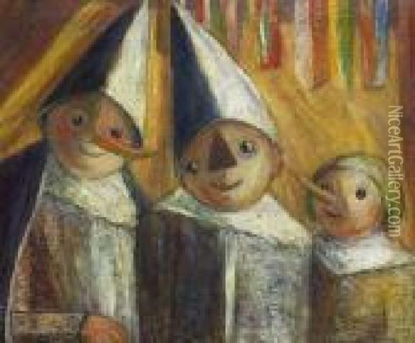 Trois Enfants Avec Drapeau Oil Painting - Tadeusz Makowski