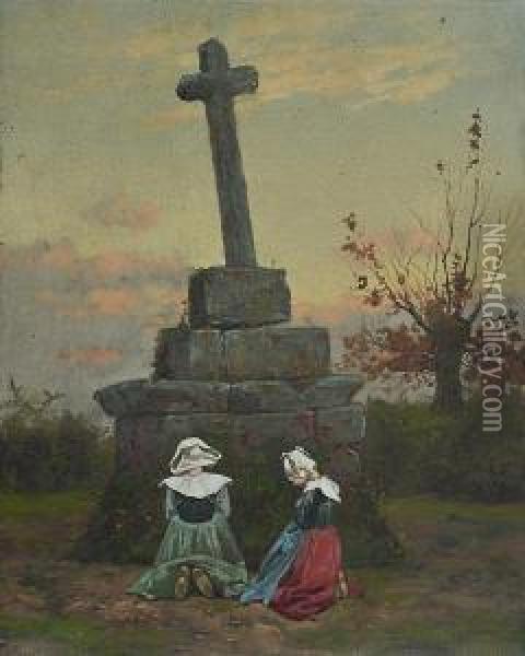 Old Stone Cross, Near Point Aven, Brittany Oil Painting - William Baptiste Baird