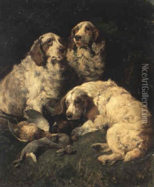 Spaniels And Dead Game Oil Painting - John Emms
