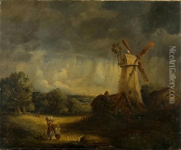 Figures Before A Tower Mill In A Landscape Under Brooding Skies Oil Painting - James Smyth