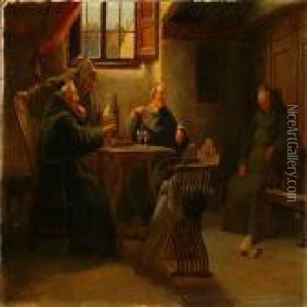 Monks In A Cellar Oil Painting - Olaf Simony Jensen