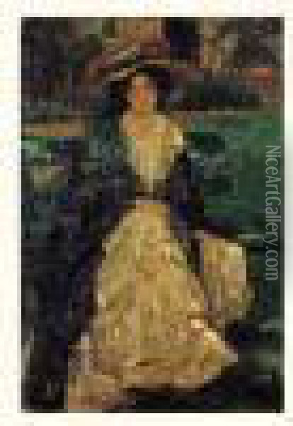 Jeune Fille Au Chapeau A Fleur, Circa 1900 Oil Painting - Henry Salem Hubbell