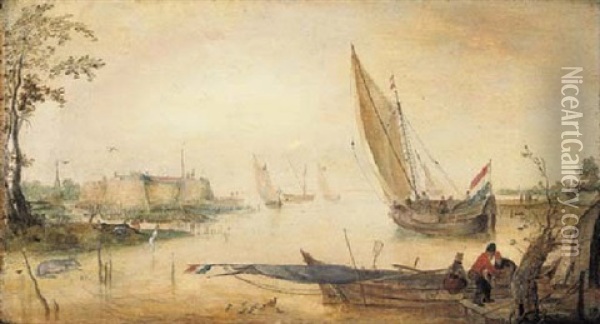 An Estuary With A Moored Fishing Smack Near A Jetty Oil Painting - Hendrick Avercamp