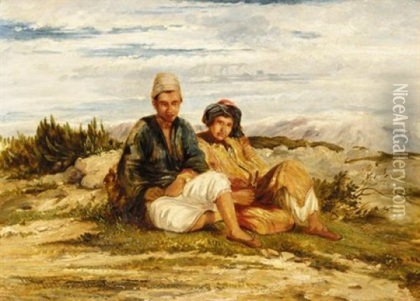 Two Oriental Boys Resting In A Landscape Oil Painting - William James Mueller