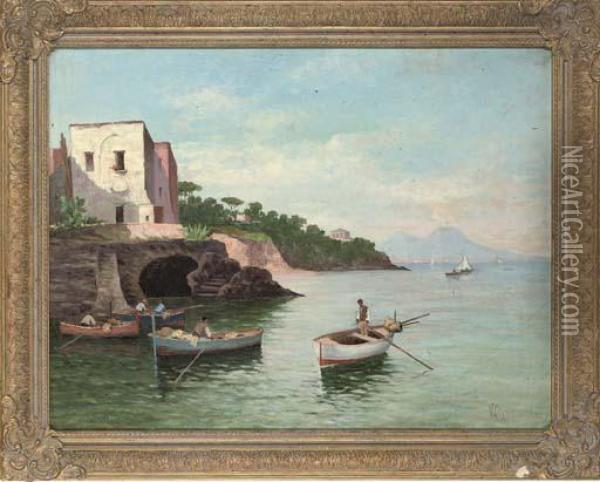Fishermen Preparing To Depart, With The Bay Of Naples Beyond Oil Painting - Vincenzo Ciappa