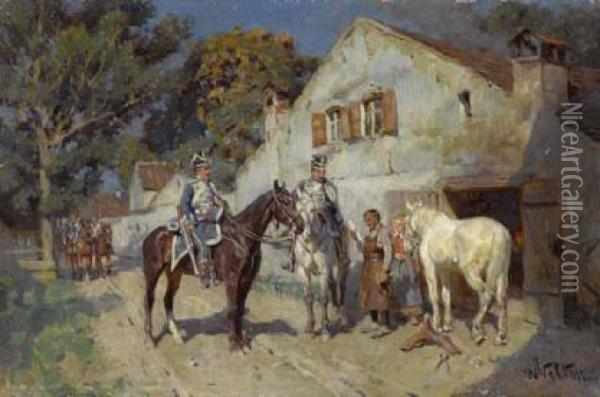 Zwei Berittene Soldaten Vor Einer Schmiede. Oil Painting - Wilhelm Velten
