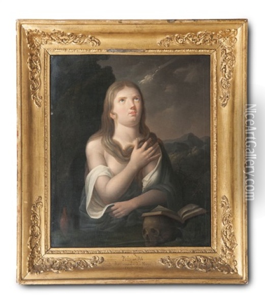 Die Busende Maria Magdalena Mit Buch Und Totenschadel (after Titian) Oil Painting - Philip van Dyk